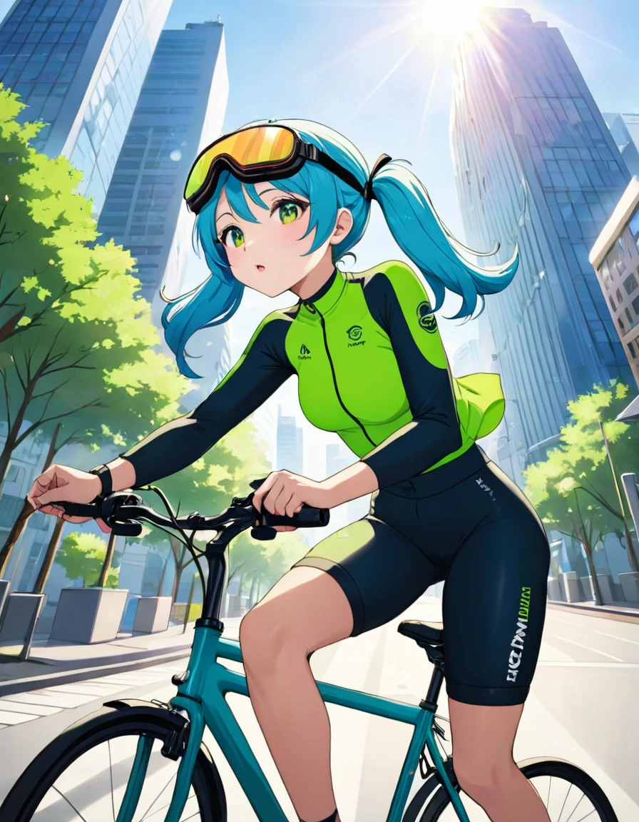 Light blue long hair、A beautiful twin-tailed Uber Eats delivery girl、Focusing on delivery. Wearing sporty green and black cycling clothing with goggles, Holding an action camera while riding a green delivery bike. Urban background with skyscrapers and trees in bright sunlight々is being shown, Create a vibrant and dynamic atmosphere. The shadow indicates that the light is coming from the upper left., Casts soft yet clear shadows. This image is、It is shot in a dynamic side-view that puts the focus on the characters.。, Showcasing a vibrant and energetic scene.