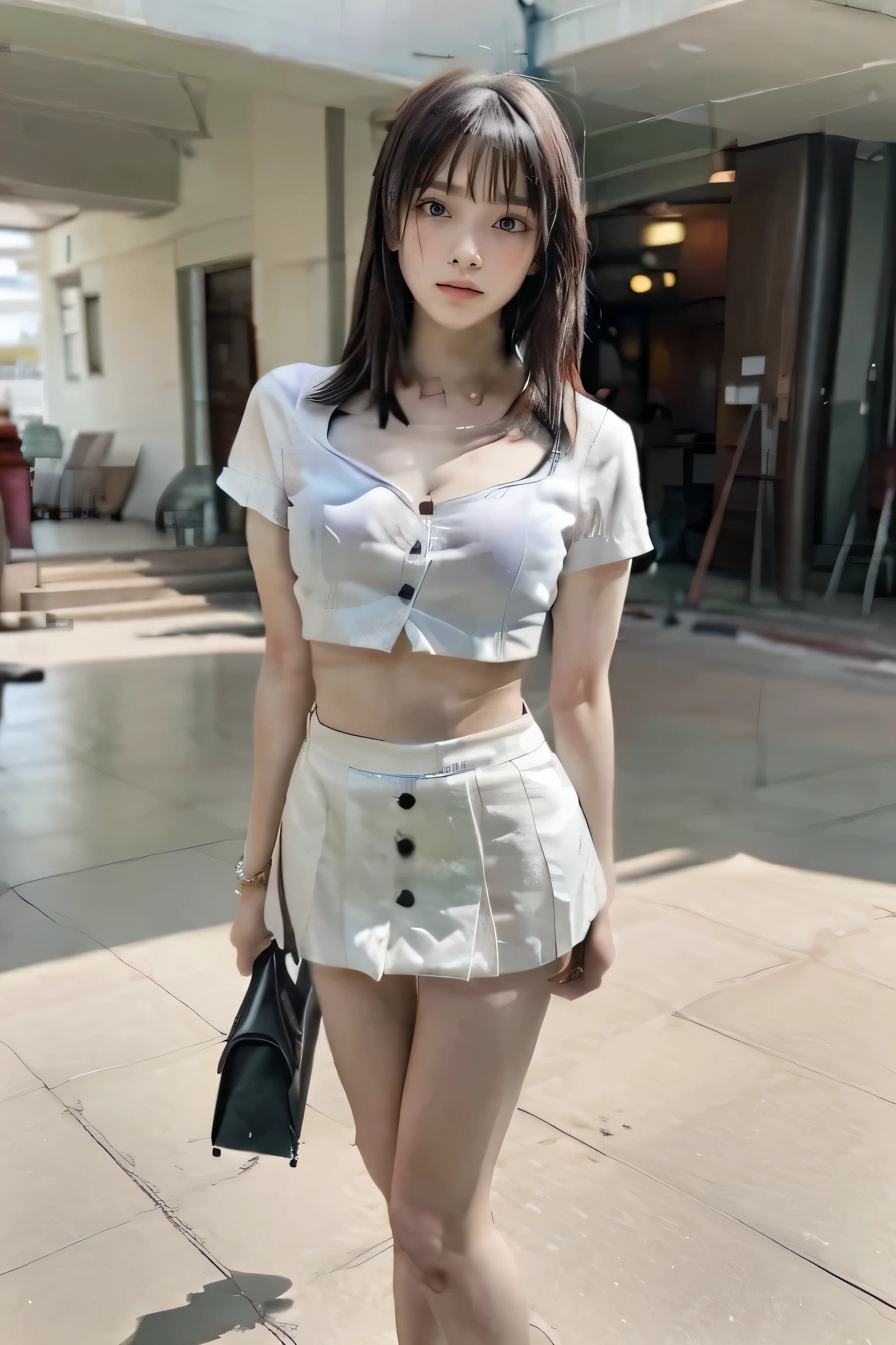 1 girl, 1, long pink hair, green eyes with slanted pupils, ((masterpiece, Best Quality, very defined ))(standing), (white sheer button down crop top), (White sheer fitted short sleeve crop top, black miniskirt,(very short skirt));High heels, marked neckline), (Proportional body, glamorous body), Make eye contact with the camera., Front figure, Thinking in the future, (expression of shyness), (Detailed hands and fingers.:1.2) (Cyberpunk City), (Full body photo), toned and defined thighs
