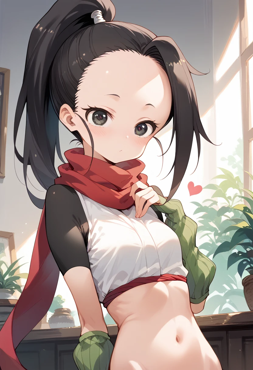 masterpiece,High resolution,Highest quality,8k
(Tsubaki - In the Heart of Kunoichi Tsubaki)
(Black Hair,ponytail,Big dark eyes,Small breasts,Skinny)
(White shirt,Green arm warmers,Red scarf)
