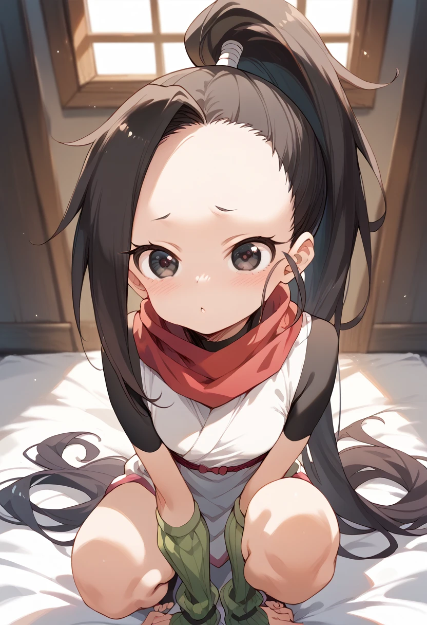 masterpiece,High resolution,Highest quality,8k
(Tsubaki - In the Heart of Kunoichi Tsubaki)
(Black Hair,ponytail,Big dark eyes,Small breasts,Skinny)
(White shirt,Green arm warmers,Red scarf)
squat