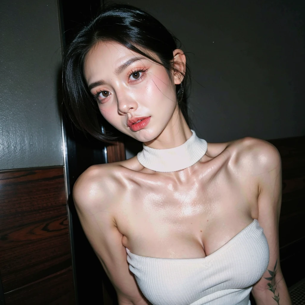 best quality, ultra high res, (photorealistic:1.4), pretty girl, nude, nudes, tits, no shirt, black choker, (faded ash gray hair:1), medium breasts, looking at viewer, closeup, (pretty face) , southeast asia girl. 