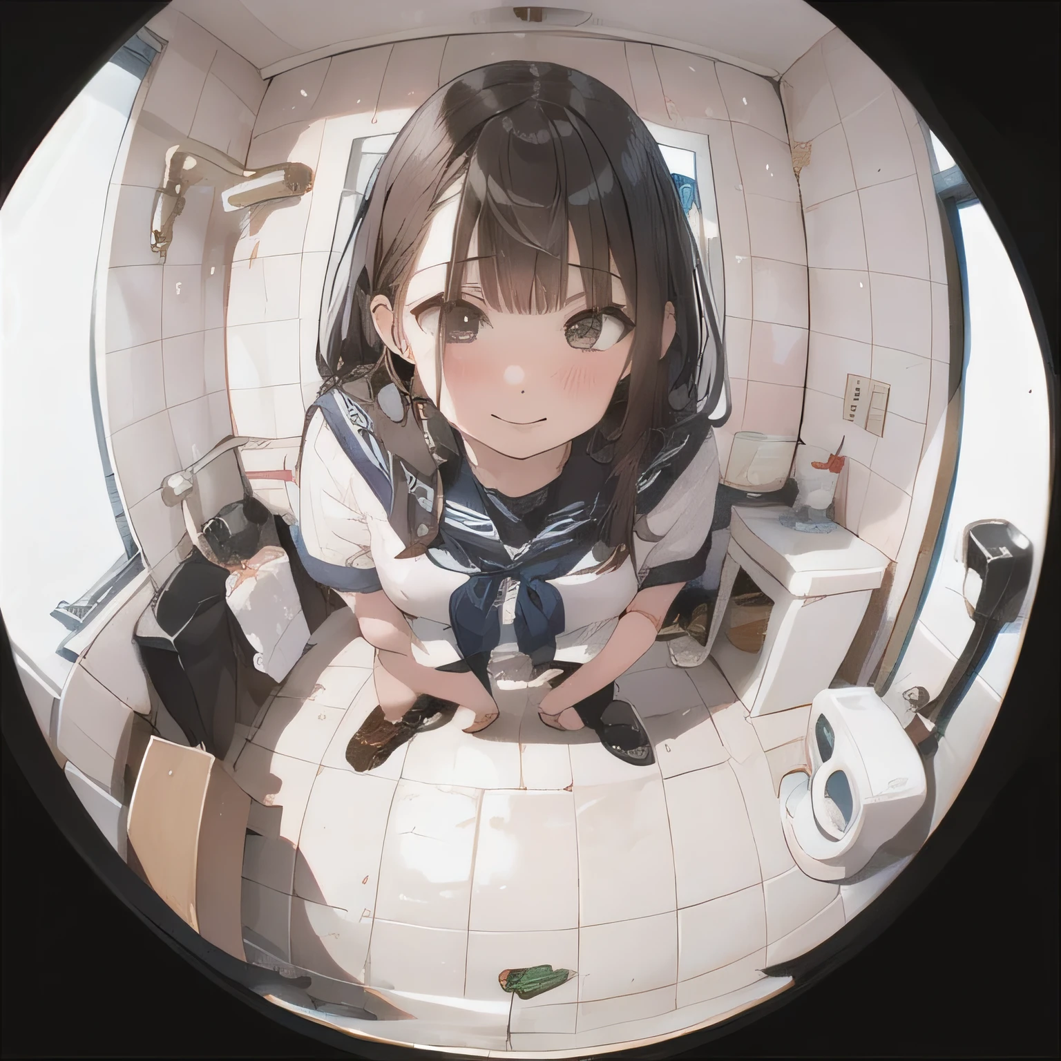 surveillance camera,BREAK.(Private toilet),(on toilet),(tiled floor),BREAK,(squatting:1.1, spread legs:0.9),(leaning forward),BREAK,high school girl,(Navy Blue,Cute Sailor Uniform,Checkered Pleated Skirt)
