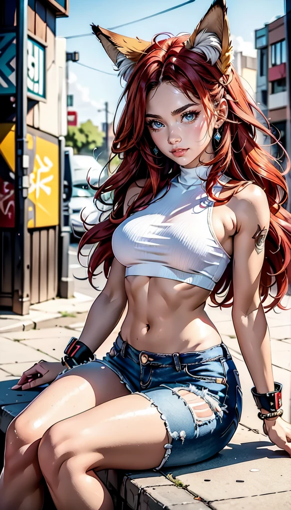 A cute fox girl with blue eyes, long red hair, Fox ears and a fox tail. She has a cheerful, love very much, friendly and happy character. She wears a cool, modernes Outfit, that fits perfectly with a wall with graffiti. Her outfit consists of a trendy crop top, ripped jeans and stylish sneakers. In the background there is a colourful, detailed graffiti wall, which have an urban, gives an artistic look. The image should be highly detailed, with HDR and Ultra 8K resolution, about the textures of clothing, to accurately portray her cheerful charisma and the details of the graffiti.




, best AI technology, 
Full body focus, perfect legs, perfect face, perfect eyes, perfect light, Dynamic Light, Natural light, Pretty, (perfect feet:1.2),(​masterpiece:1.2), (best quality:1.2), (Very aesthetically pleasing:1.2), (most absurd:1.2), (detailed background),Latest,KI-generiert, Intricate detailing,
best quality, High resolution, super detailed, uhd, textured skin, Raytracing, anime-style