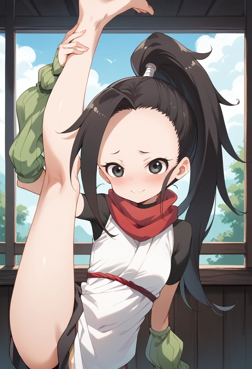 masterpiece,High resolution,Highest quality,8k
(Tsubaki - In the Heart of Kunoichi Tsubaki)
(Black Hair,ponytail,Big dark eyes,Small breasts,Skinny)
(White shirt,Green arm warmers,Red scarf)
(standing_split,one leg split,One leg above the head)smile,Embarrassed