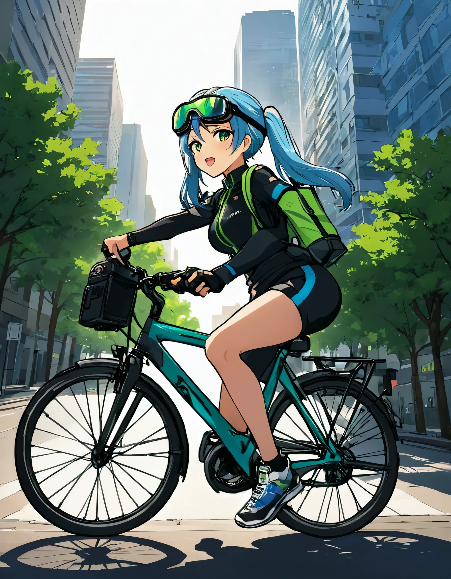 Light blue long hair、A beautiful twin-tailed Uber Eats delivery girl、Focusing on delivery. Wearing sporty green and black cycling clothing with goggles, Holding an action camera while riding a green delivery bike. Urban background with skyscrapers and trees in bright sunlight々is being shown, Create a vibrant and dynamic atmosphere. The shadow indicates that the light is coming from the upper left., Casts soft yet clear shadows. This image is、It is shot in a dynamic side-view that puts the focus on the characters.。, Showcasing a vibrant and energetic scene.