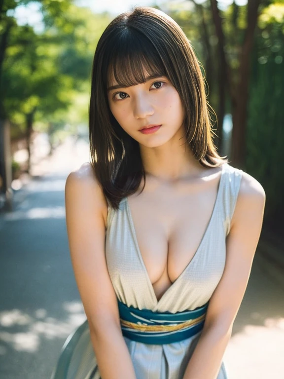 (highest quality,masterpiece:1.3,ultra high resolution),(Super detailed,caustics,8k),(photorealistic:1.4,RAW shooting),1girl,(look down at the camera),(front shot:1.1),(face forward),1,cute,Japanese,kimono,(small breasts:1.4),(big boobs),(close up),(breast focus),street,sunshine,Natural light,(Backlight),(A bright light shines from behind),(Lens flare),professional writing,(cowboy shot),(low position:1.3),sad,