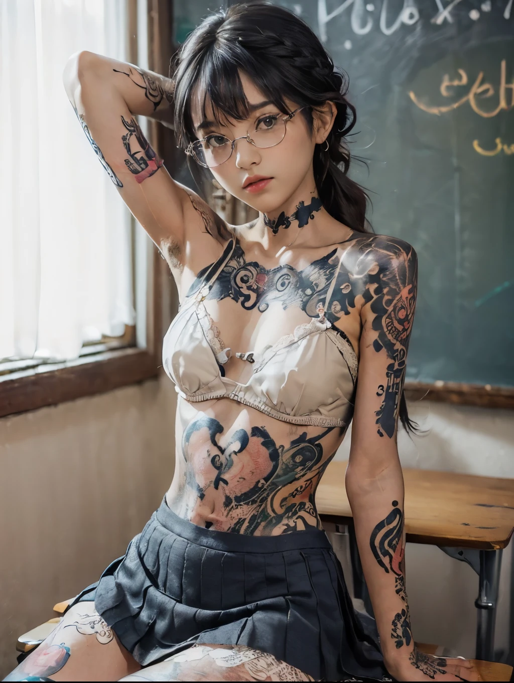 1girl, raw photo, 8k, (top-quality), Realistic, (real picture, Intricate details), (natural skin texture, detailed skin, hyper realism, sharpness), Japanese teenage glasses girl sitting on school desk in old high school classroom, (white lace bra, navy blue short pleated skirt), (pale skin:1.2), armpit exposed, navels exposed, skinny body, (((gorgeous tattoo, arm tattoo:1.3))), (((flat chest:1.4))), ((braid hairstyle, bangs)), (glasses baby face), thighs, black board, full body shot, xtrhairy2