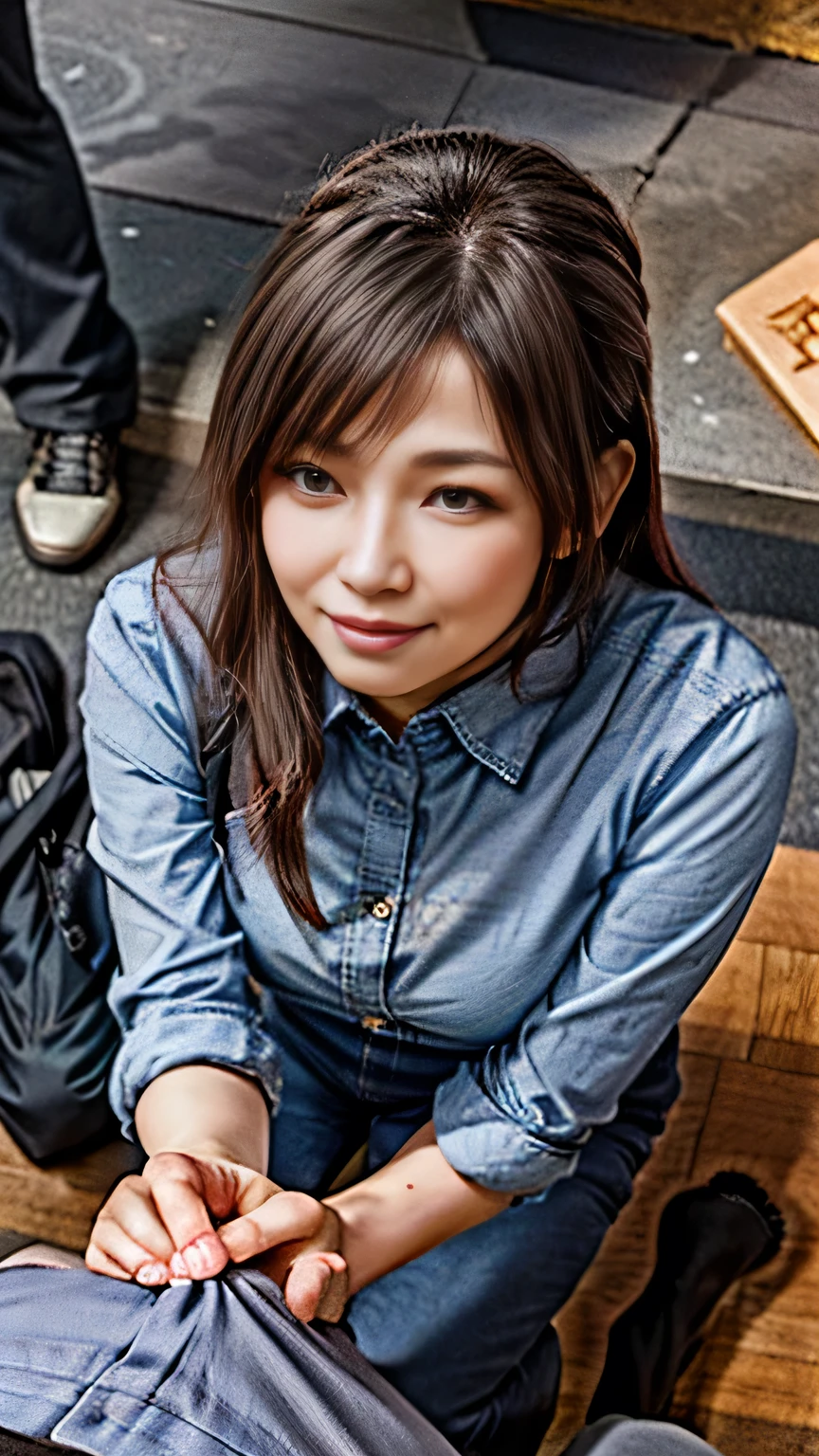 Kayoko_Occupy,(Browsing Caution:0), Realistic, photo-Realistic, Highest quality, masterpiece, High resolution, Intricate details, Very detailed, Heterosexual, Couple, throw, 1 person standing, Large bulge in pants, One girl kneeling, Handjob, smile, Public indecency, From above, 