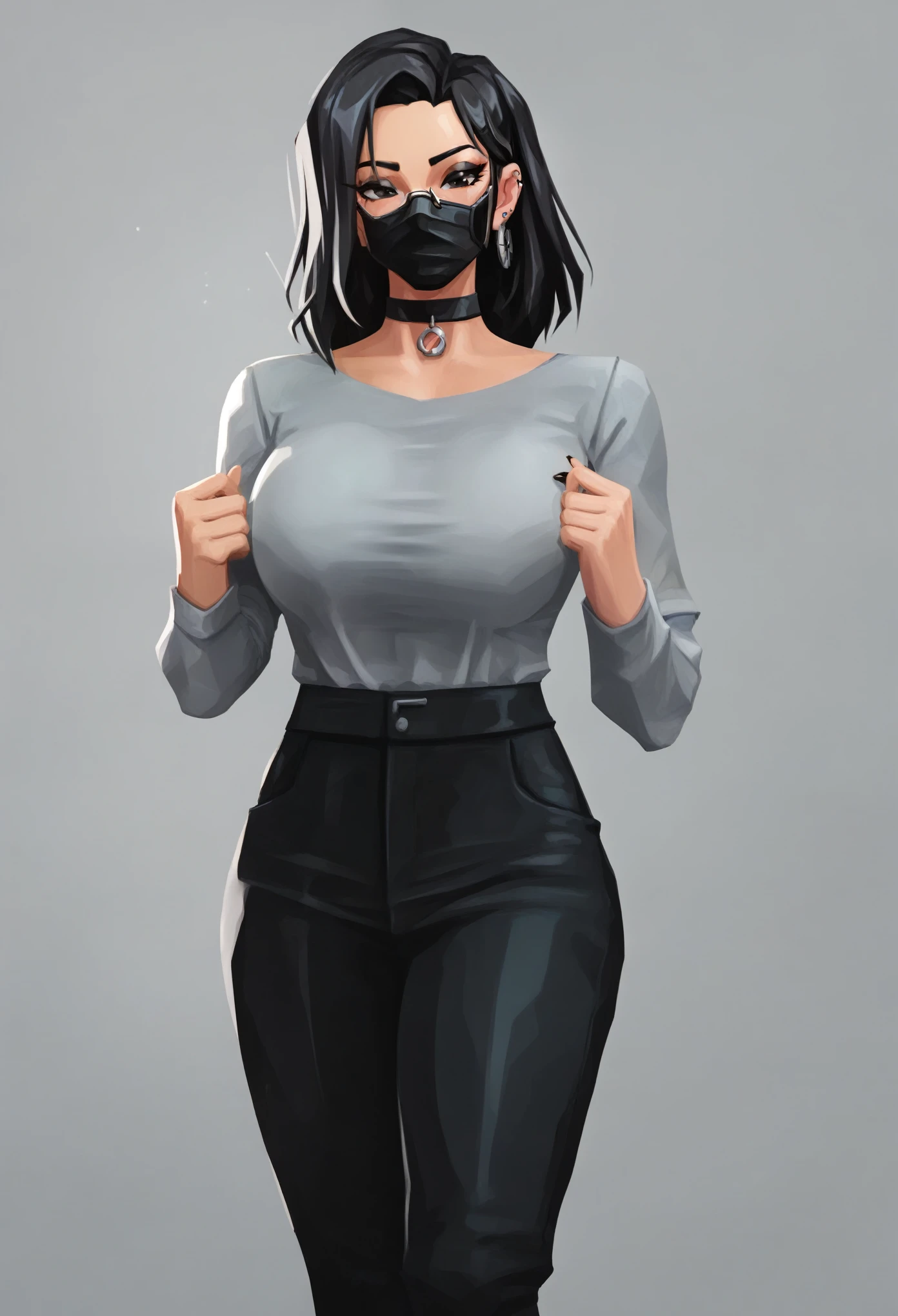 score_9, score_8_up, score_7_up, score_6_up, score_5_up, score_4_up, BREAK 1girl, valorant style, (black hair:1.2), long hair, black eyes, (black mouth mask:1.1), long eyelashes, half-closed eyes, (eyewear:1.1), black choker, adult, mature, black eyeliner, ear piercing, BREAK solo, standing, big breasts, adult, fashionable,