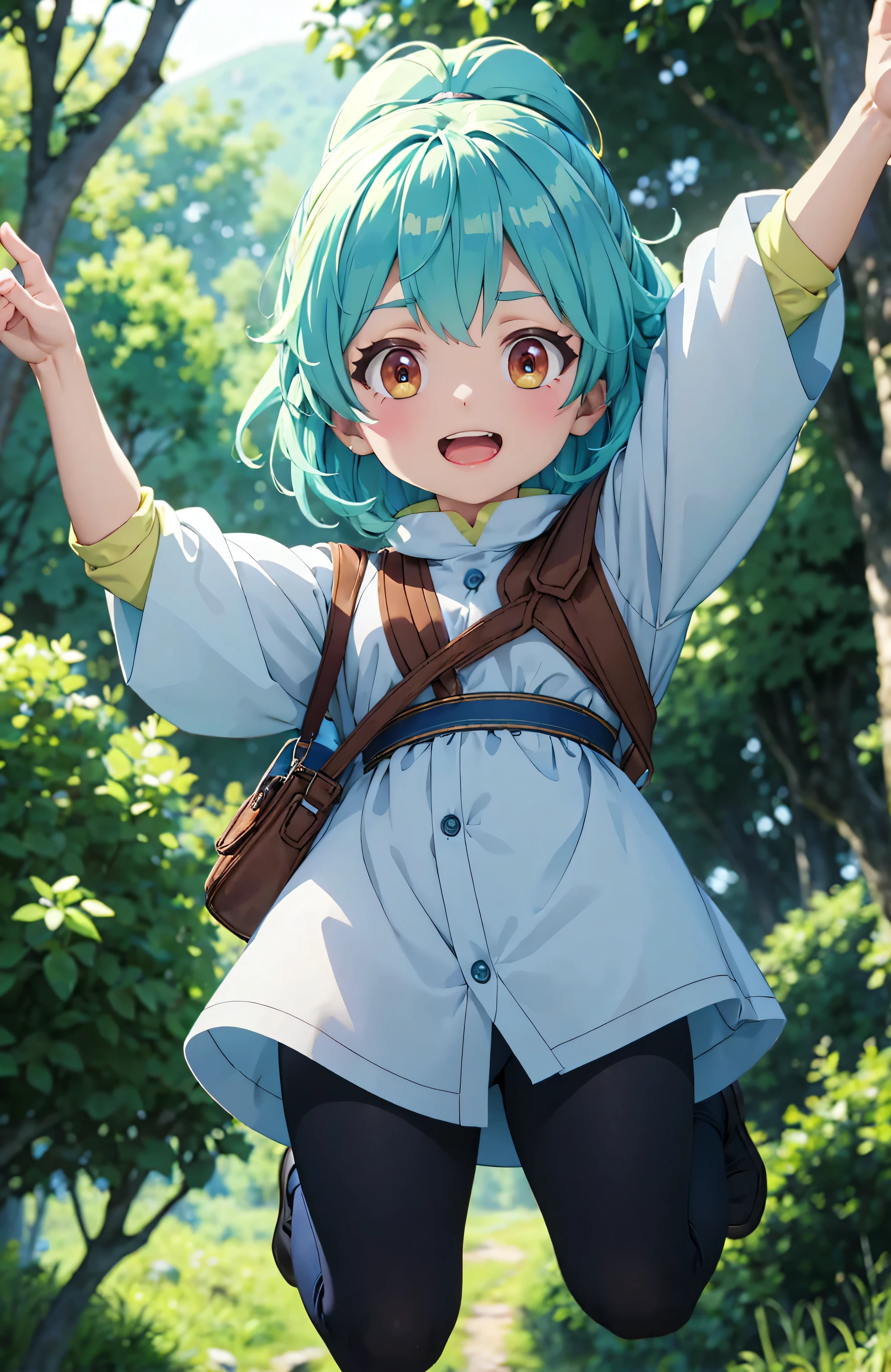 best qualityer, work of art, 4k resolution, high-detailed face, a blue haired girl alone in a forest but jumping for joy.