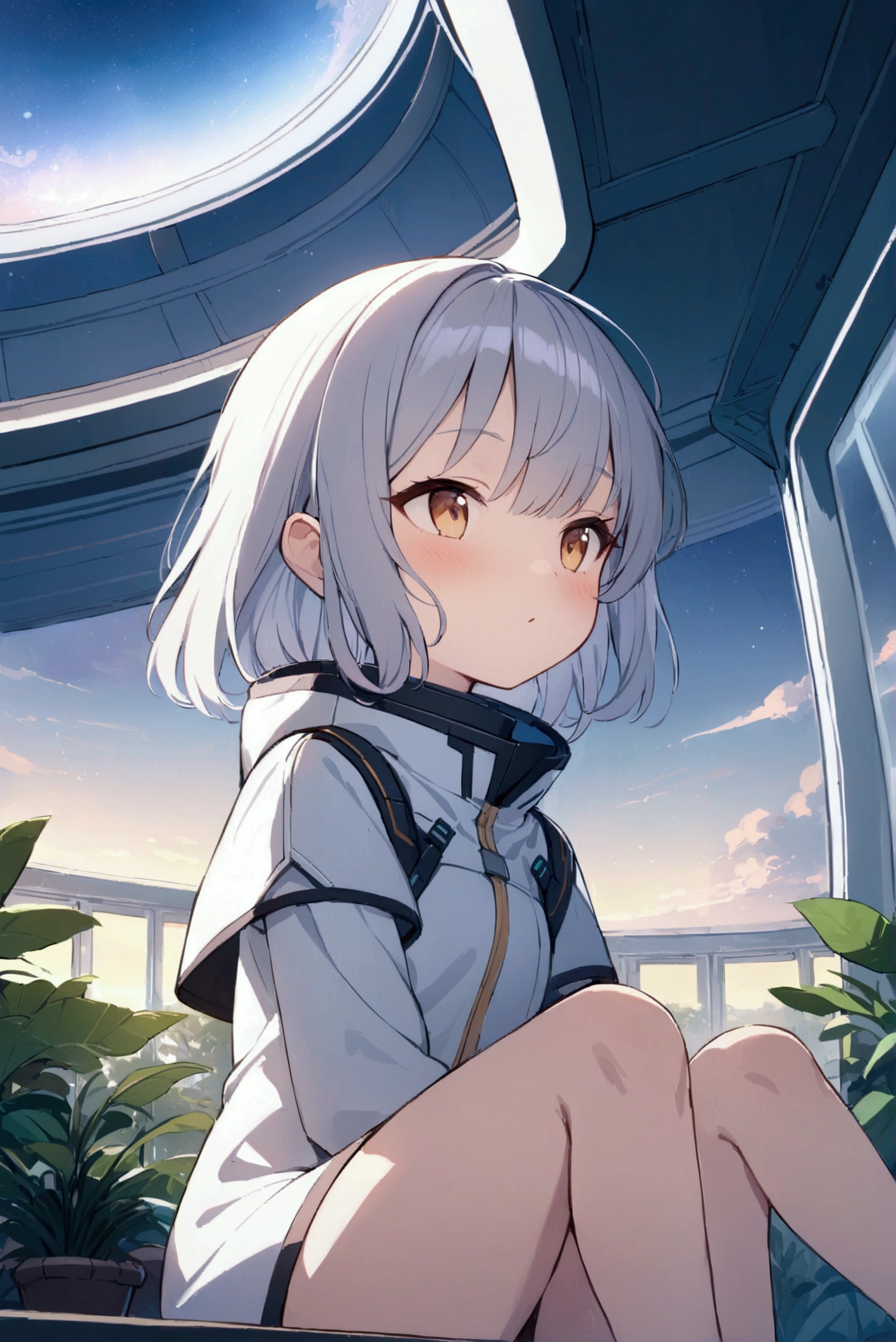 Best Quality, masterpiece, extremely detailed, detailed background, cheered up, 1 girl, young girl, short girl, Science fiction, Science fiction, outdoor, evening, starry sky, greenhouse, Megastructure, biodomo, landscape, scenery, horizon, ceiling, sitting on ceiling, wind, looking away, atmospheric lighting, Focus only, close up, on one side, depth of field, bokeh