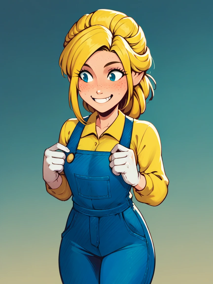 score_9, score_8_up, score_7_up, score_6_up, score_5_up, raichiyo33, 1girl, curvy, freckles, EmilyA, blonde hair, braid, shirt, yellow shirt, gloves, white gloves, long sleeves, pants, blue overalls, smile