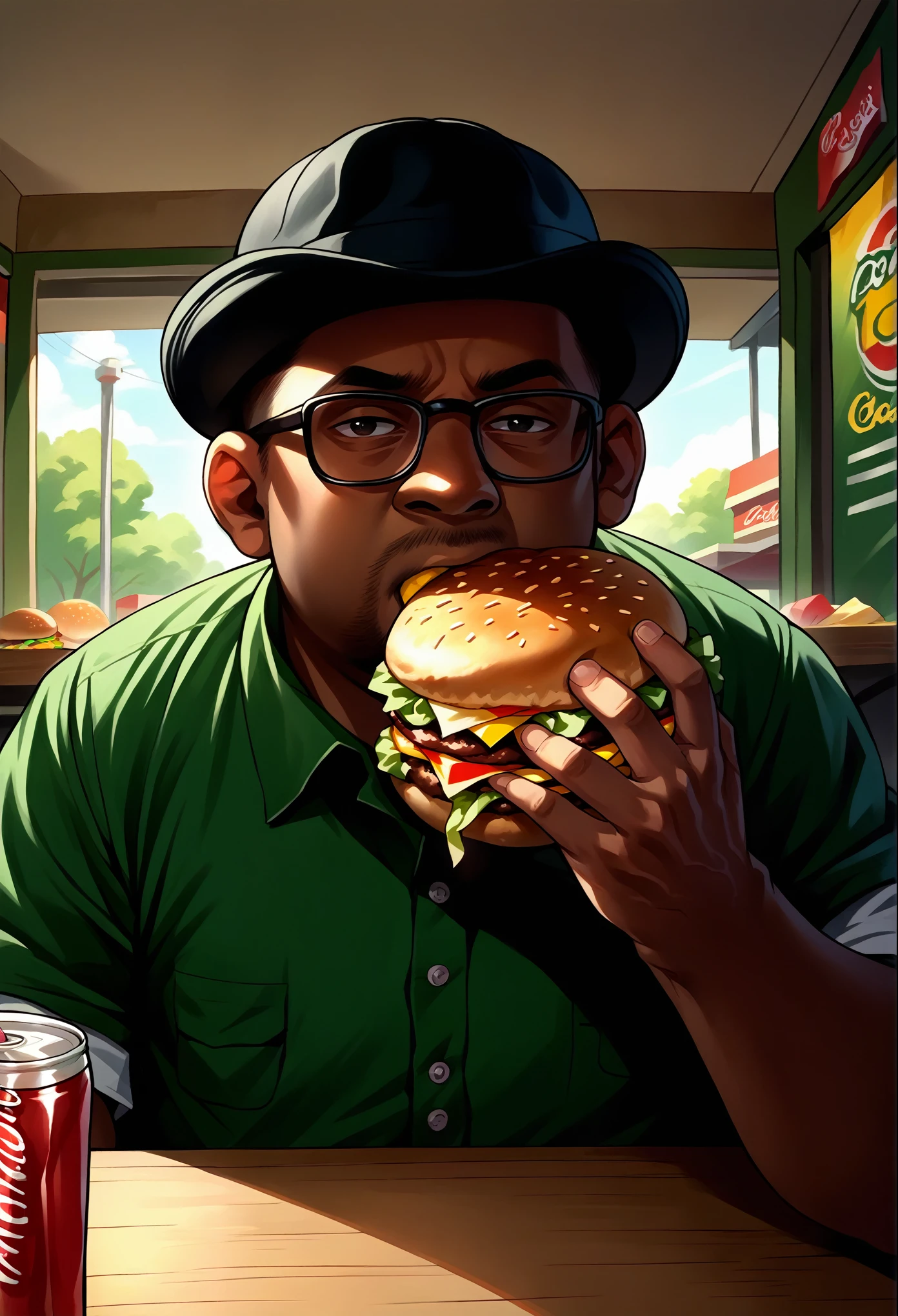 score_9, score_8_up, source_anime, 1boy, solo, male focus, BigSmoke, black eyes, dark-skinned male, facial hair, glasses, black headwear, green shirt, pov across table, pov, food, burger, coca-cola, eating, eating burger,