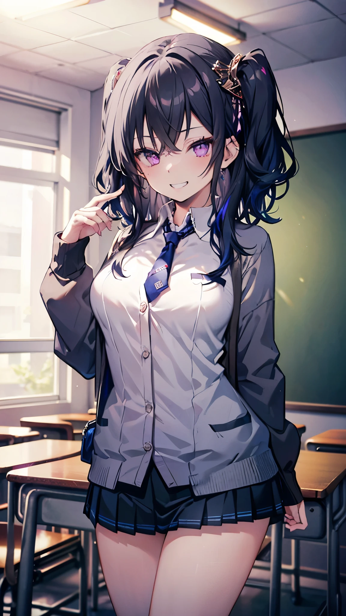 ((masterpiece、Highest quality、Very detailed))、One girl、gyaru、insurance、Black Hair、((Long Hair))、Two Side Up、Light purple eyes、evil smile、((Grin))、Moderate breasts、((White collared shirt))、tie、((gray cardigan))、((Black pleated skirt))、((miniskirt))、Cowboy Shot、Classroom Background