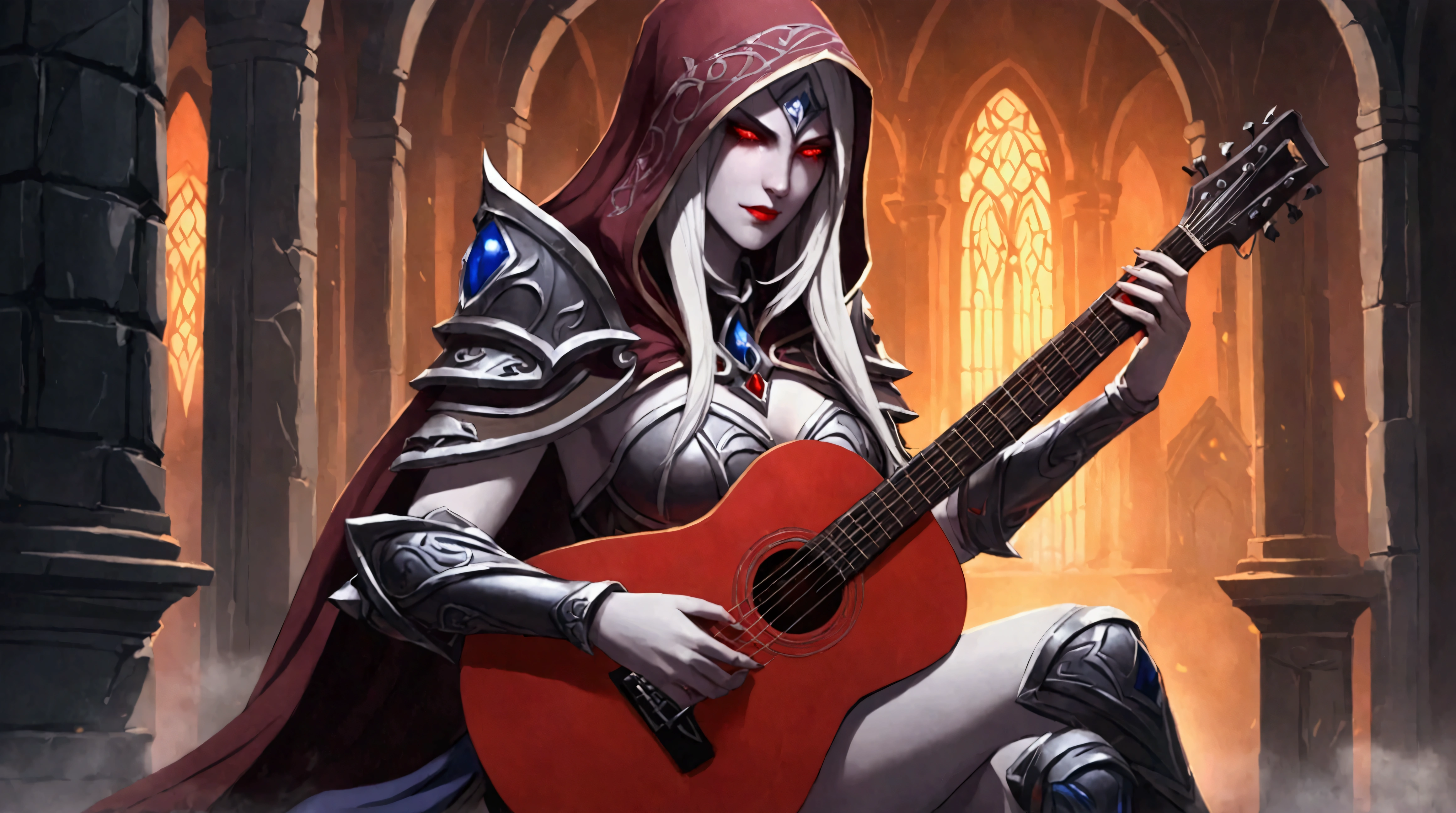 Sylvanas Windrunner, the legendary leader of the Forsaken, sits on a dark wooden throne, surrounded by an aura of mystery and magic. In her hands, she holds a vibrant red guitar, its strings seemingly pulsing with unearthly energy. Her eyes, burning with an otherworldly intensity, stare directly at the viewer, as if daring them to come closer. Her long, white hair falls over her shoulders, framing her pale, ethereal face. Her lips, painted a deep red, curve in an enigmatic smile, as if guarding secrets known only to her. The guitar, which appears to have been created by magical hands, emits an intense red light that illuminates the environment around it. The strings vibrate with an energy that seems almost palpable, as if they are alive and responding to Sylvanas’ touch. In the background, a dark and mysterious mist spreads, as if the night itself is closing in around Sylvanas. The atmosphere is charged with tension and anticipation, as if something is about to happen.

The image is a mix of shadows and light, of mystery and magic, capturing the essence of Sylvanas Windrunner as an enigmatic and powerful creature.