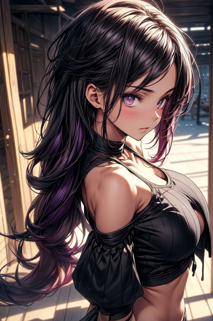 ((Sketch)), ((Watercolor)), ((best quality)), ((masterpiece)), (detailed), 4k image, anime style, beautiful young girl, sleek waist length dark violet-black hair, velvet colored eyes(mix of red and purple), serious and disdainful expression, sharp and arrogant facial features, full cherry pink lips, slim yet curvy body, tall height(180cm), narrow waist, D cup breasts, athletic physique, small but full curvy hips, oval shaped face, form-fitting sports bra and black form-fitting dolphin shorts, standing pose with body turned at an angle, hips flaring out, looking at the camera with a focused gaze, smooth lightly tanned white skin with a slight sheen, natural indoor background with a bed and desk, soft daylight coming from the right side, casting gentle shadows, casual and slightly intense atmosphere, low angle, sharp focus on the subject, no motion blur, well-lit overall exposure, side view