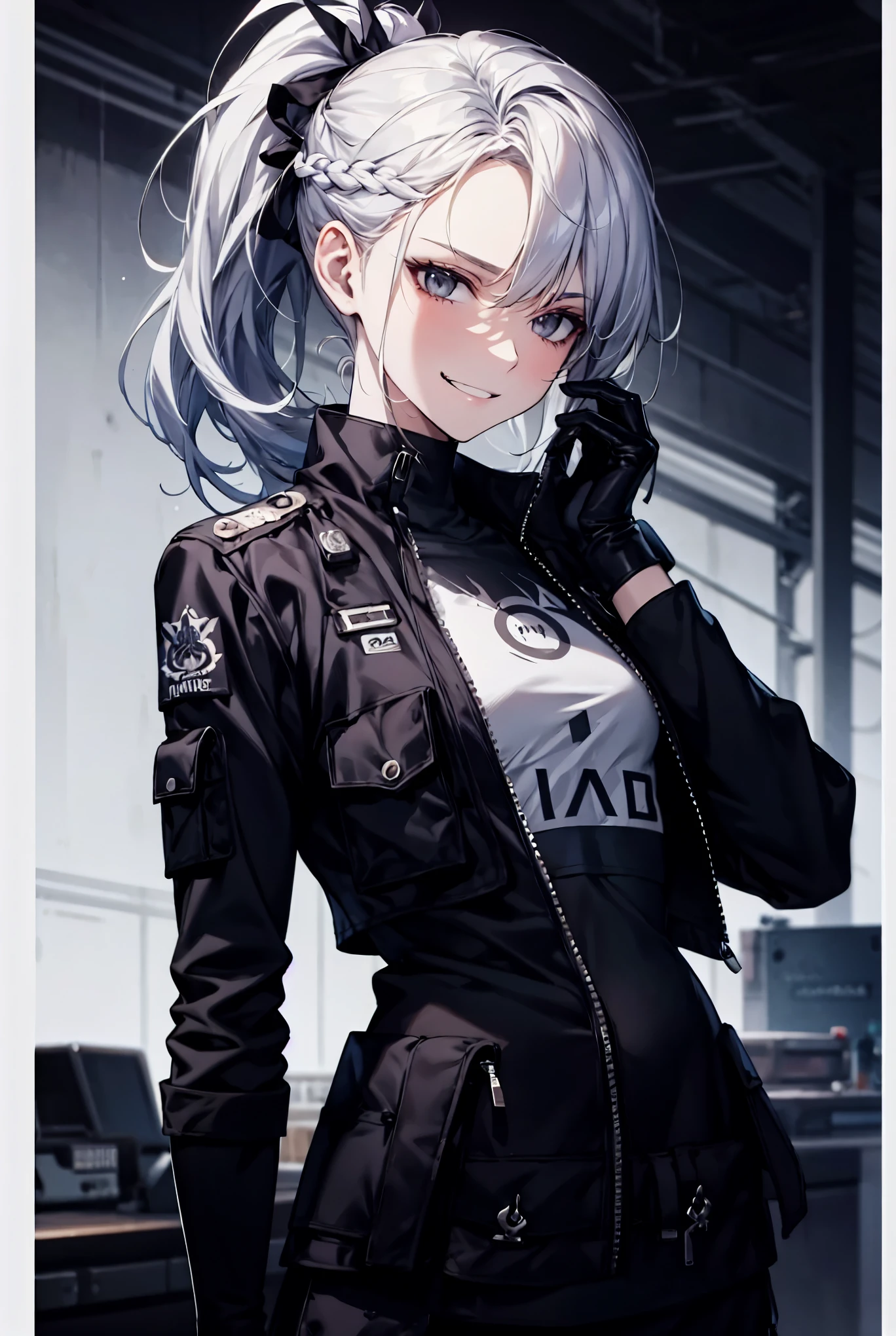(fcDetailPortrait:0.77) ,photorealistic, masterpiece, best quality, (detailed anime, video game art, extremely detailed CG unity 8k wallpaper), (best quality), (best illustration), (best shadow), absurdres, realistic lighting, (Abyss), (solo, mature, tsurime, hair in front of eye, woman, upper body shot:1.19), (head tilt, smirk, evil, villain pose:1.1),(small chest:1.1), senti, white hair, black eyes, dress, black dress, golden trim, french royalty, ponytail, celtic braid, dressed in high-tech streetwear. The outfit includes a black, weather-resistant tactical jacket with multiple pockets and zippers, layered over a fitted black crop top. They wear black cargo pants with an asymmetrical design and multiple utility pockets, paired with techwear gloves and a cap. The style is heavily influenced by cyberpunk aesthetics, with a dark, muted color palette and futuristic, tactical elements. The scene is moody, with overcast skies and an industrial backdrop, creating a dystopian, survivalist vibe. The figure's silver hair and the mask covering their face add an enigmatic and edgy aura to the look. Detailed fabric textures, including waterproof and breathable materials, highlight the functionality of the clothing.
