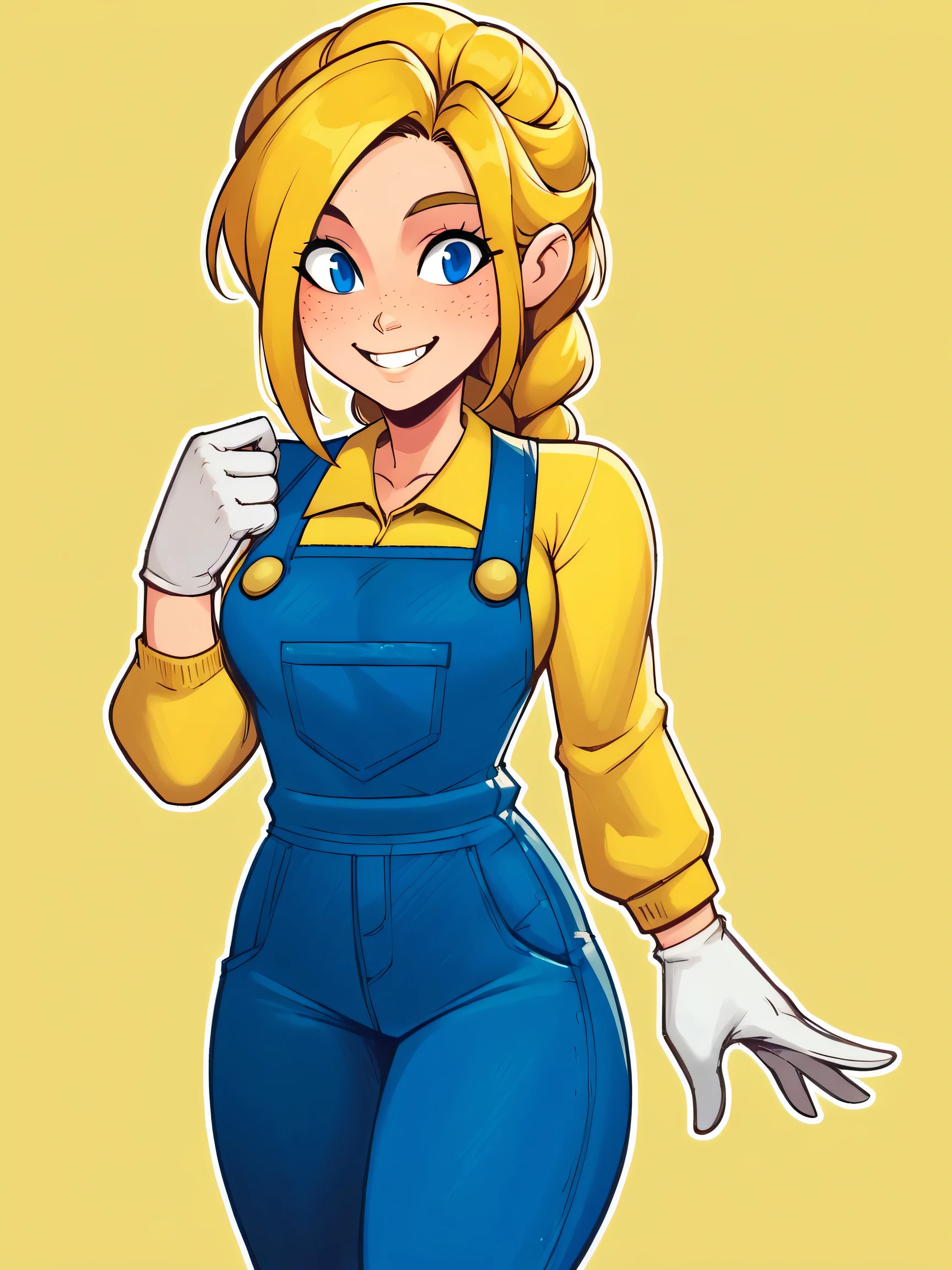 score_9, score_8_up, score_7_up, score_6_up, score_5_up, raichiyo33, highres, yellow background, white outline, solo, 1girl, curvy, freckles, EmilyA, blue eyes, blonde hair, braid, shirt, yellow shirt, gloves, white gloves, long sleeves, pants, blue overalls, smile