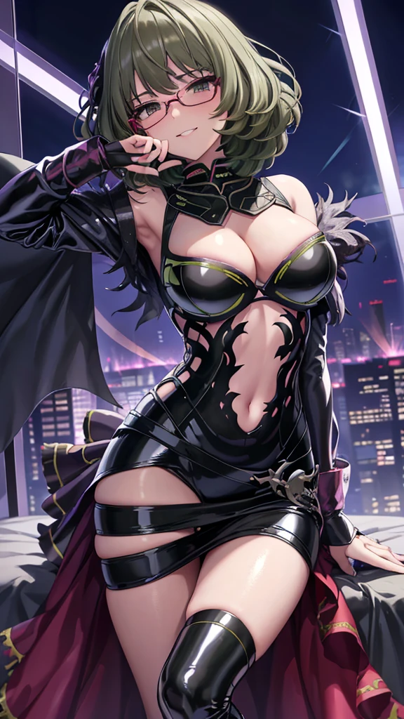 Erotic、Idolmaster Takagaki Kaede、tall、Big Breasts、Blue Archive、Glasses、Pixie Cut、Sexy shiny latex combat battle suit、Pink line、Evil Combatants、sexy、Evil smirk face、tall、adult、lure、Alluring、Pitch black background、Dark bedroom at night、Fall into Darkness、Fallen into evil