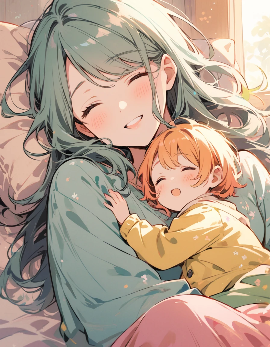 A mother sleeping with her child, a happy face, a cute sleeping face, soft colors, a happy scene, a warm piece