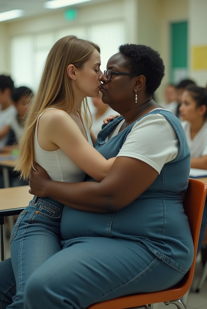 Create a photo of a 30 year old woman, with a slender and beautiful body, wearing yellow sweatpants and a white top with white and fair skin, with long blonde hair who is being kissed and grabbed by a 90 year old elderly lady, obese woman who has dark black skin and is wearing a blue dress and glasses in a square.