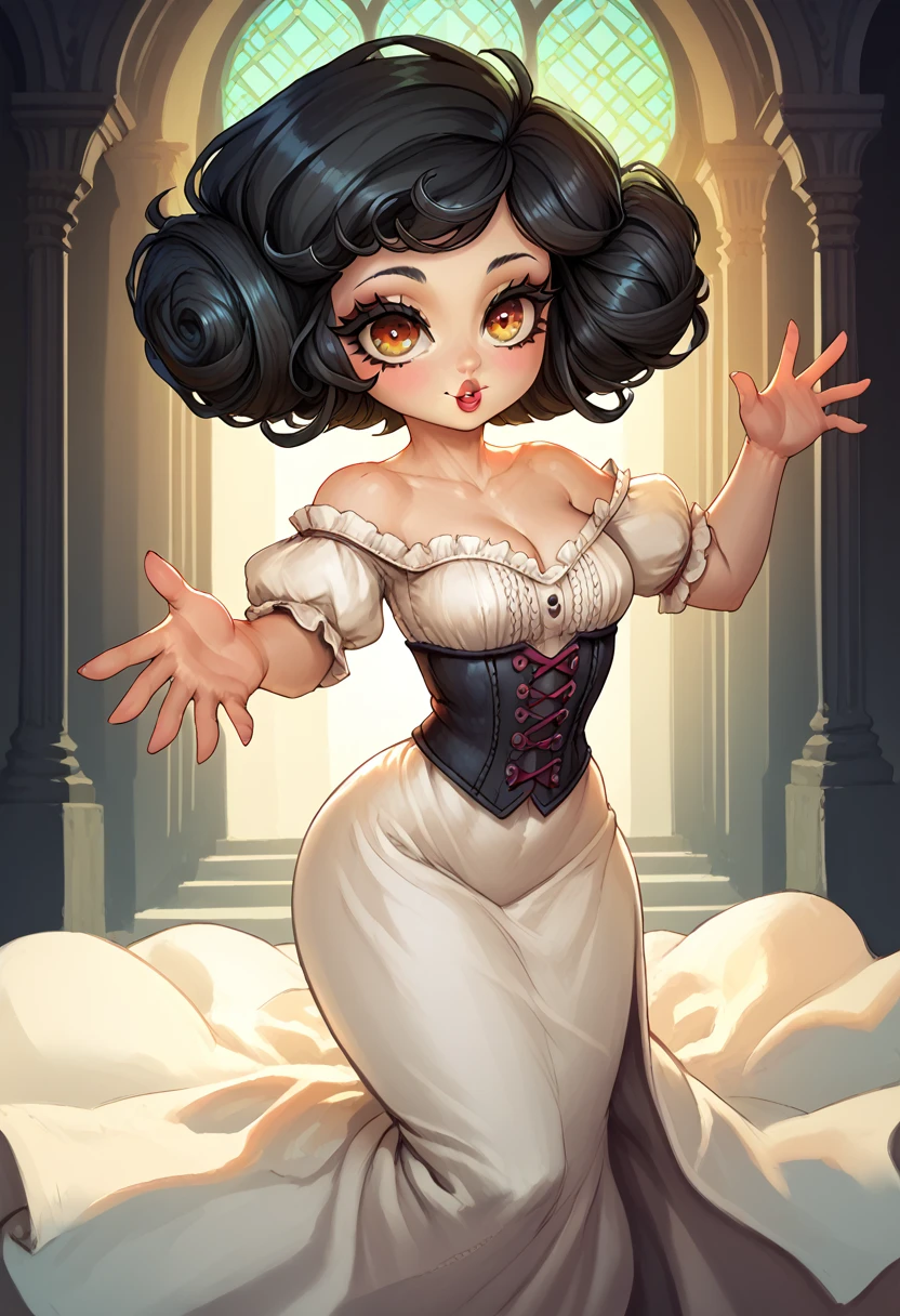 anime medieval fantasy style, a beautiful ((shortstack dwarf girl)), long black hair reaching down to her waist, cute white dress with pink ruffles, thick arms and thighs, wide waist, beautiful and elegant posing for a photo, shortstack , beautiful detailed eyes, beautiful detailed lips, extremely detailed eyes and face, longeyelashes, 8k, ultra-detailed, highly detailed, intricate details, vibrant colors, dramatic lighting, warm color palette, joyful mood, medieval fantasy realm
