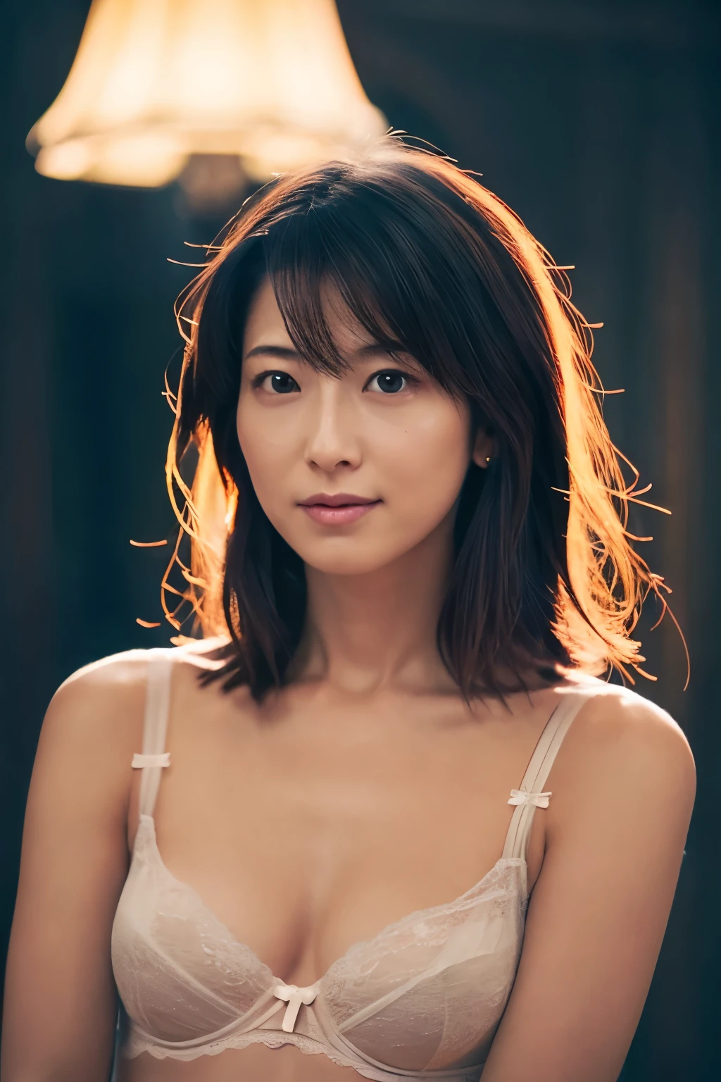 cinematic color, beautiful japanese woman, (best quality, ultra-detailed), feminin lighting, messy hair, wearing lingeries, delicate features, dreamy atmosphere