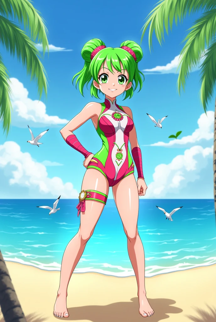flat art by (((diives))), 1boy, 1girl, beach, bikini, bikini_aside, blush, breasts, clothed_sex, clothing_aside, day, eyebrows_visible_through_hair, green_bikini, green_bra, green_eyes, green_hair, green_panties, green_shirt, green_skirt, hetero, medium_breasts, navel, open_mouth, outdoors, panties_aside, penis, pussy, pussy_juice, sex, short_hair, skirt, solo_focus, spread_legs, swimsuit, uncensored, vaginal
