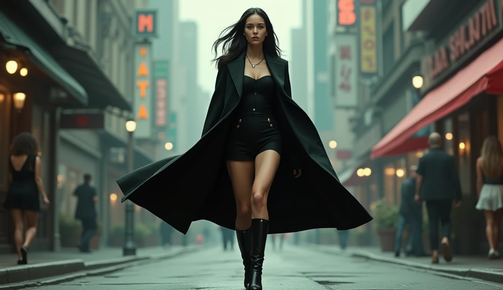 ground view, giantess city, A huge girl who is 500 feet tall., skyscrapers, incredibly long legs, stepping on the crowd, many people on the street, a pair of huge tits, black hair down to waist, black stylish suit, Short skirts that show panties, looking happy, standing on a broken car, burning street, beautiful appearance, exquisite makeup,quality,8k,高quality,perfect proportions, Cinema Lighting,film grain,8k,textured skin,super detail,high detail,high quality,high resolution,To explode,fake laugh