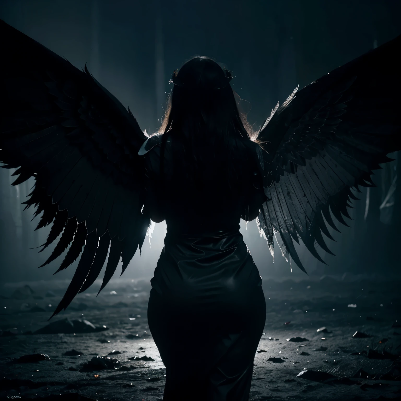 ( A woman stands naked in front of the spectators ) ,( elegantly sporting large black angel wings) ( and a long red dress ) (which drapes gently on the ground ). ( The woman’s heels are visible),( one slightly elevated revealing a red sole that contrasts with the dark ground ).( Her long black hair is attached). ( She is positioned in front of steps ) ( in front of a tunnel ) ( giving an air of mysticism and allure to the stage that combines human elegance with a touch of ethereal ). (  The general atmosphere of the image is one of captivating mystery and sensuality ).