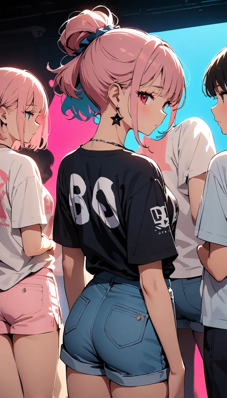 1 girl, green eyes, very Short hair, pink choker, lipstick, Shy, pink hair , tomboy Pixie haircut, femboy hooters, face portrait , flat chest, ponytail