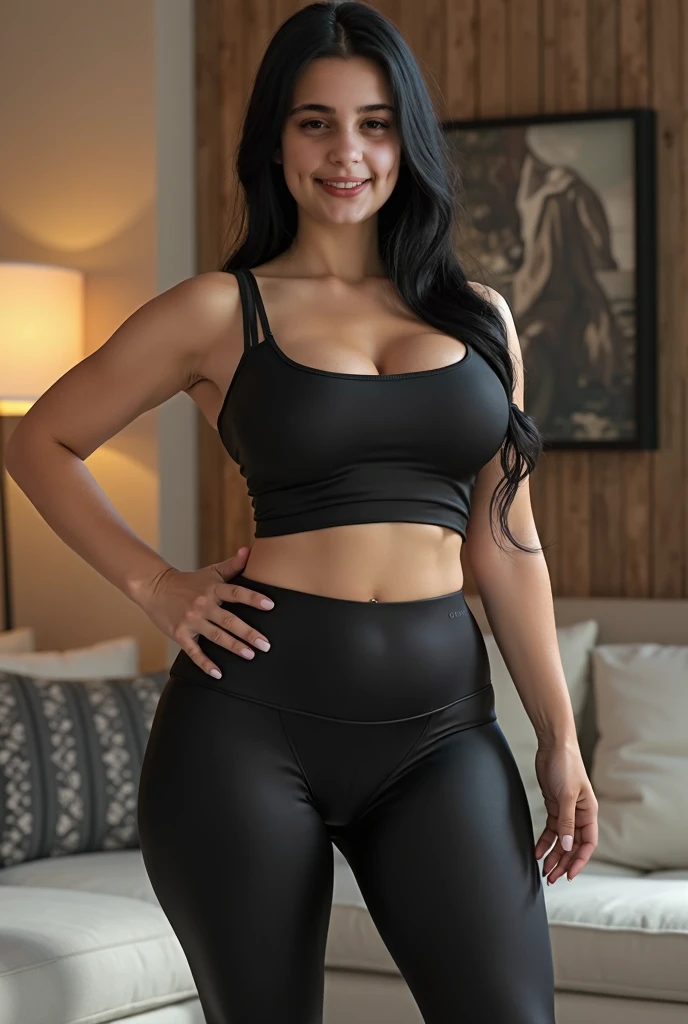 A picture of a very beautiful and sexy woman with shoulder-length dark hair and defined eyebrows stands before a backdrop of lush greenery. She wears a transparent sleeveless crop top with a square neckline and high-waisted black skintight pants with a metallic buckle belt. Curvaceous body. Hourglass figure. Huge breasts. Big hips. Big thighs. Tall woman. The sunlight accentuates her hair and shoulders, casting a warm glow.