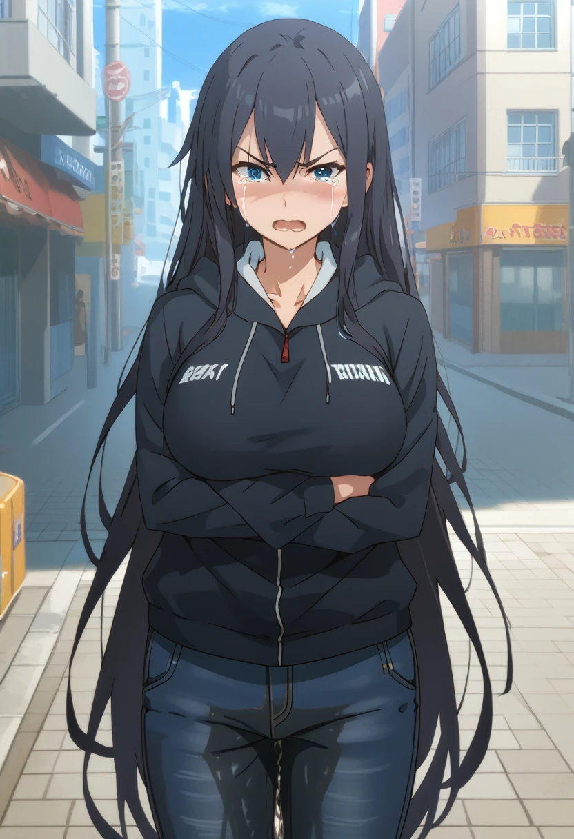 (high quality,Very detailed:1.37, High resolution), 2d, anime, anime style, anime source, Woman, Erza, dark black hair, very long hair, long bangs, blue eyes, hexagon-pattern hoodie, jeans, huge breasts, looking at viewer, masterpiece, best quality, (wetting self:1.5), desperation, embarrassed, humiliation, blushing, tears, angry, open mouth, standing, (arms crossed:1.5), city