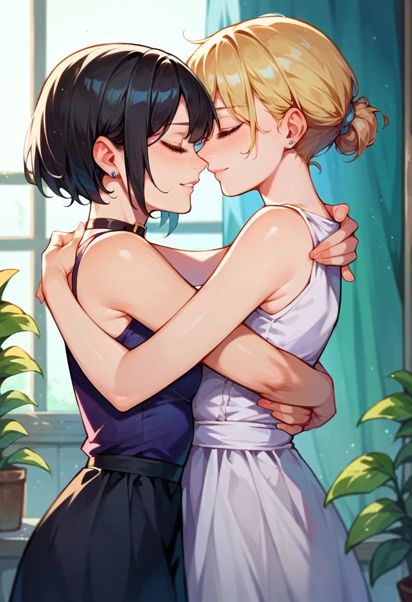 He saw,Android 18,Tabletop, Highest quality,shape, wallpaper, Very detailed, Absurd beauty、(night、Dark Room)、((Two、))、(((kiss)))、(blonde、Medium Hair、short hair、Very large breasts)、close your eyes、White T-shirt、Off the shoulder、Shyness
