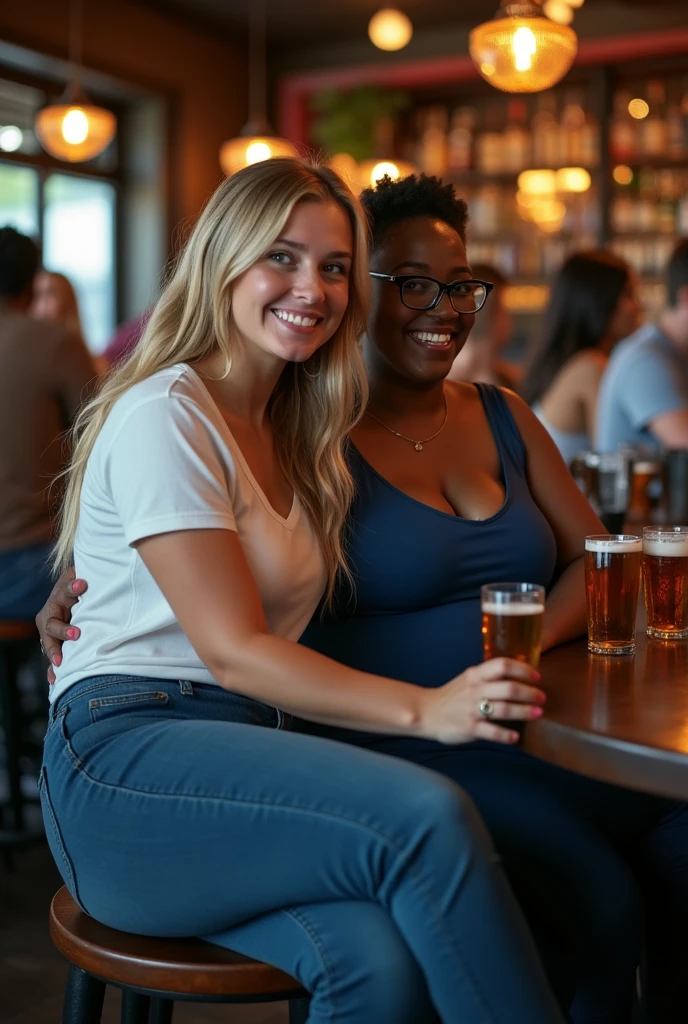 Nude Woman drinking beer on mountain sitting smiling with a black man