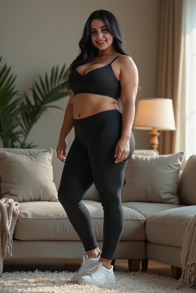 a woman wearing a black top and gray pants standing in a living room, Fitted garment, tight suit, wearing simple, tight clothing, Thick, wearing tight black clothes, usando tight suit, tight fit, thin waist and thick hips, wearing tight shirt, tight shirt, waist-length ponytail, wearing leotard, Toned shape, back and standing, tight black clothes