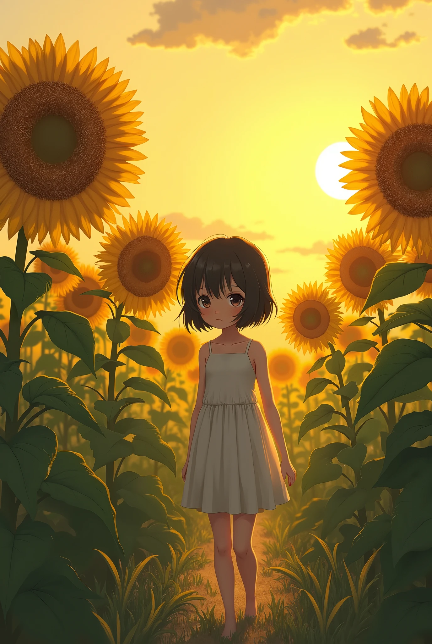Anime girl in a sunflower field with a sun in the background - SeaArt AI