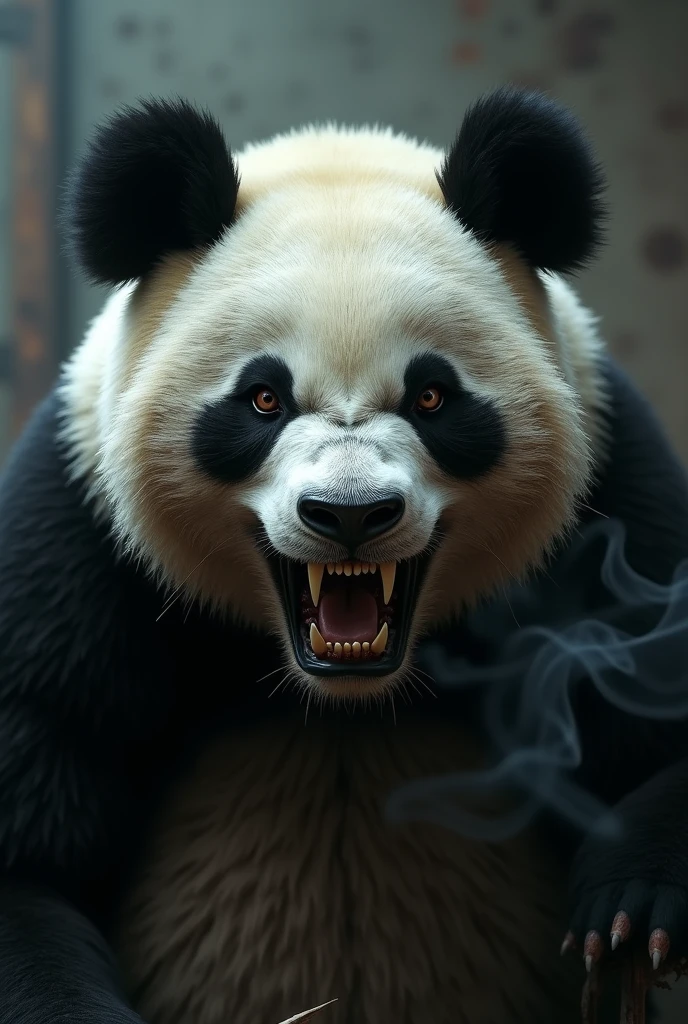 Prompt 8: "A hyper-realistic close-up of a muscular panda in a grey tank top, holding several lit cigarettes, exhaling thick clouds of smoke that envelop its entire head and shoulders. The panda’s expression is one of pure happiness, with a wide grin, yet its narrowed eyes and raised eyebrow give off a challenging, provocative vibe. The background is a dimly lit, gritty bar with a smoky atmosphere and industrial decor."