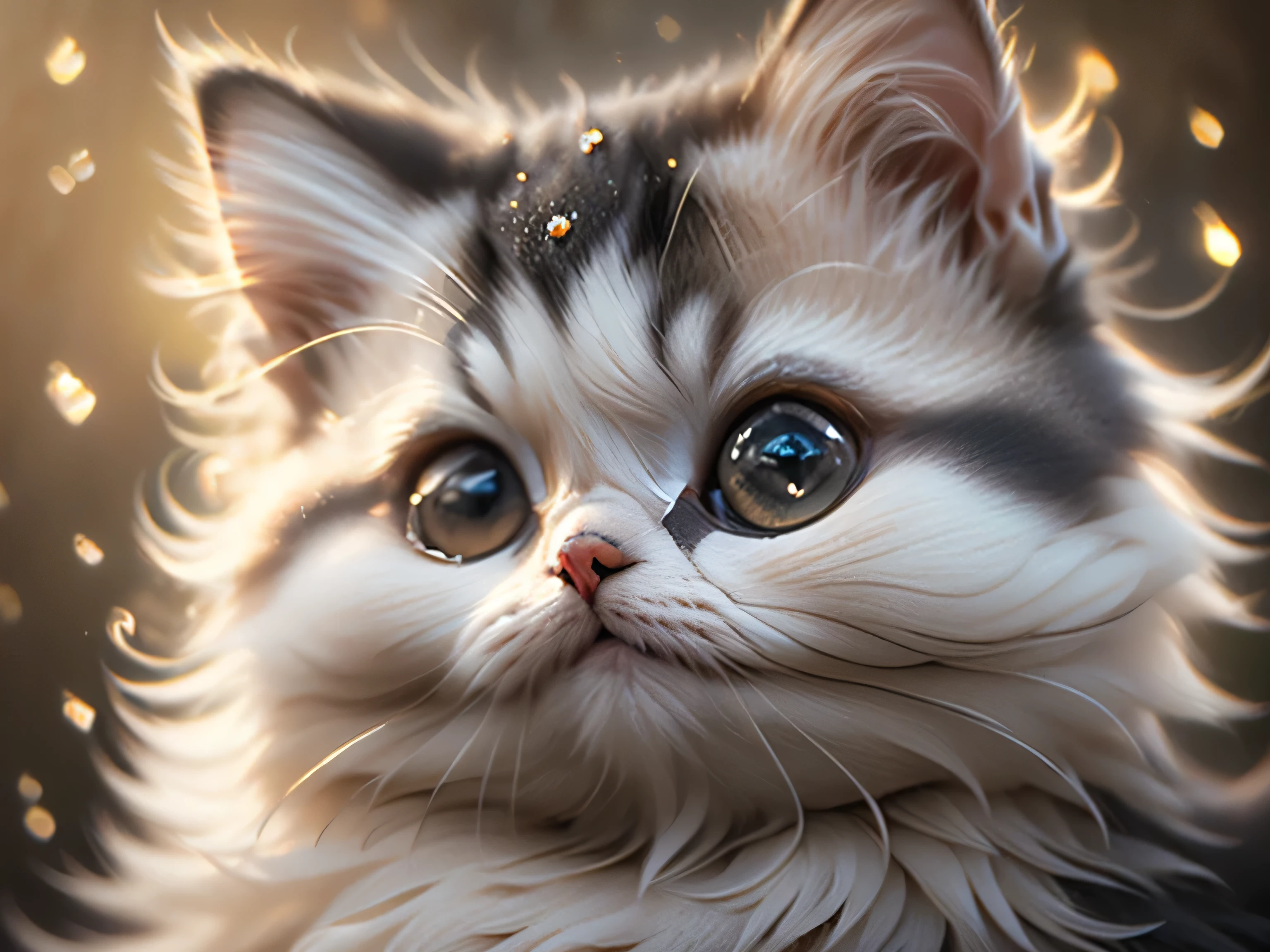 close-up photo super cute, big-eyed, with a soft, gentle nose, fluffy, smiling with two teeth, Persian cat on a natural background, realistic, beautiful, sparkles, stars in the eyes, soft volumetric light, (backlight:1.3), (cinematic:1.2), intricate details, (ArtStation:1.3), Rutkowski --auto --s2