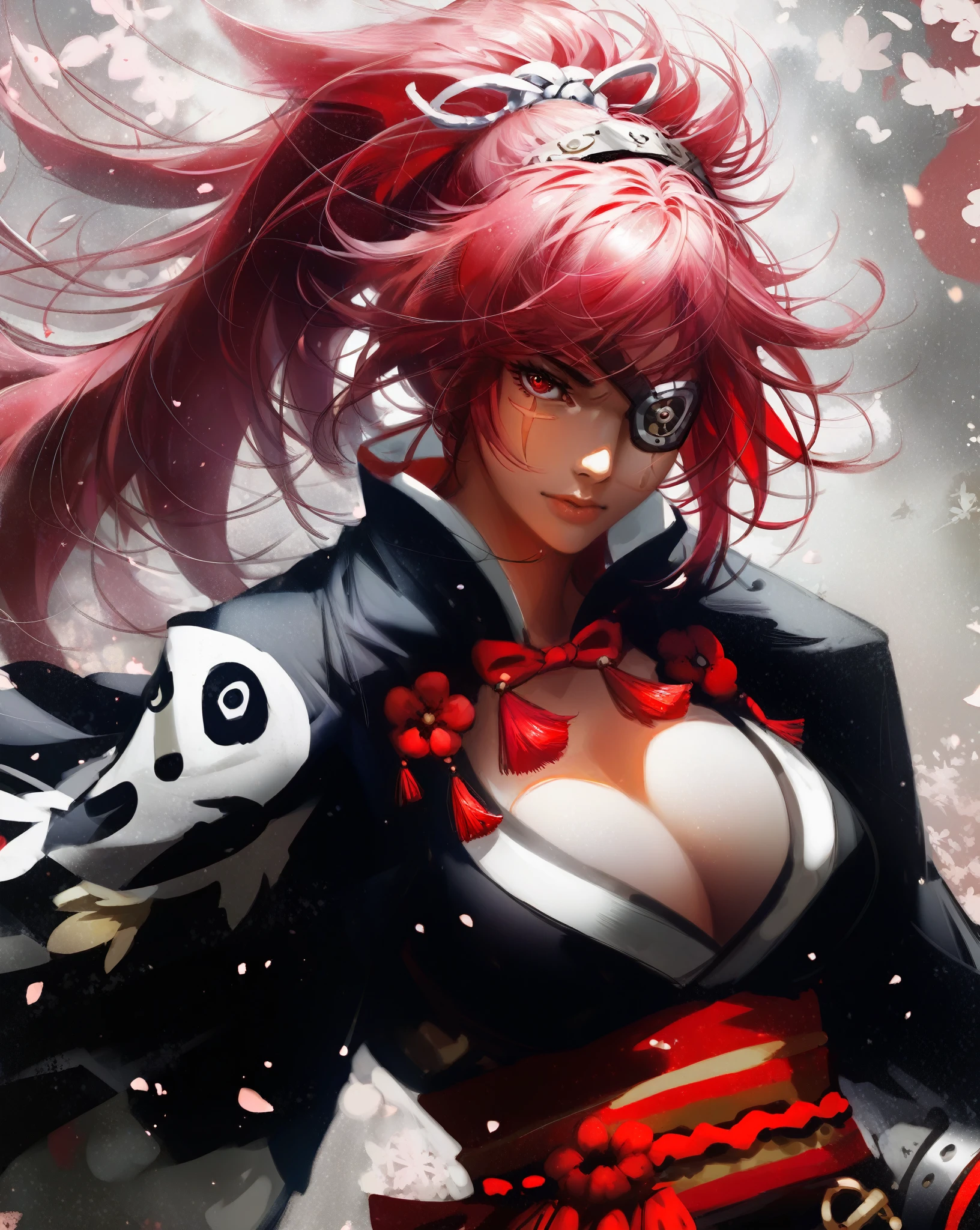 score_9, score_8_up, score_7_up, score_6_up, score_5_up, score_4_up, Guweiz, highly detailed, masterpiece, cinematic lighting, high quality artwork, beautiful, detailed background, BaikenGGXL, scar on eye, scar across eye, eyepatch, red eye, pink hair, long ponytail, big breasts, (right arm amputee), cleavage, kimono, multicolored kimono, dramatic lighting, portrait, detailed clothes, detailed hair, detailed eyes, detailed skin.
