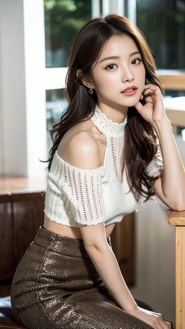 Dark brown hair、Light brown eyes、Japanese actress、 Lady、I am about 40 years old...........、(Intricate details:1.2)、 (Ultra-high resolution:1.2)、Ultra-high resolution、(Finely tuned)、(Detailed facial features)、Hmph、8K resolution、D cup size breasts、Long Hair、TulleTop、FrillsTop、Tulle Frills Top、Denim pants、At the terrace cafe、Basking in the sunshine、Sitting on a chair on the terrace、summer、hot、Trending Fashion、2024、Open your chin a little、Open your mouth a little、A street cafe in Paris、Fashionable cafes in Paris、The moment you stand up from your chair、Turn your ass towards me、thunder Hair fluttering in the wind、