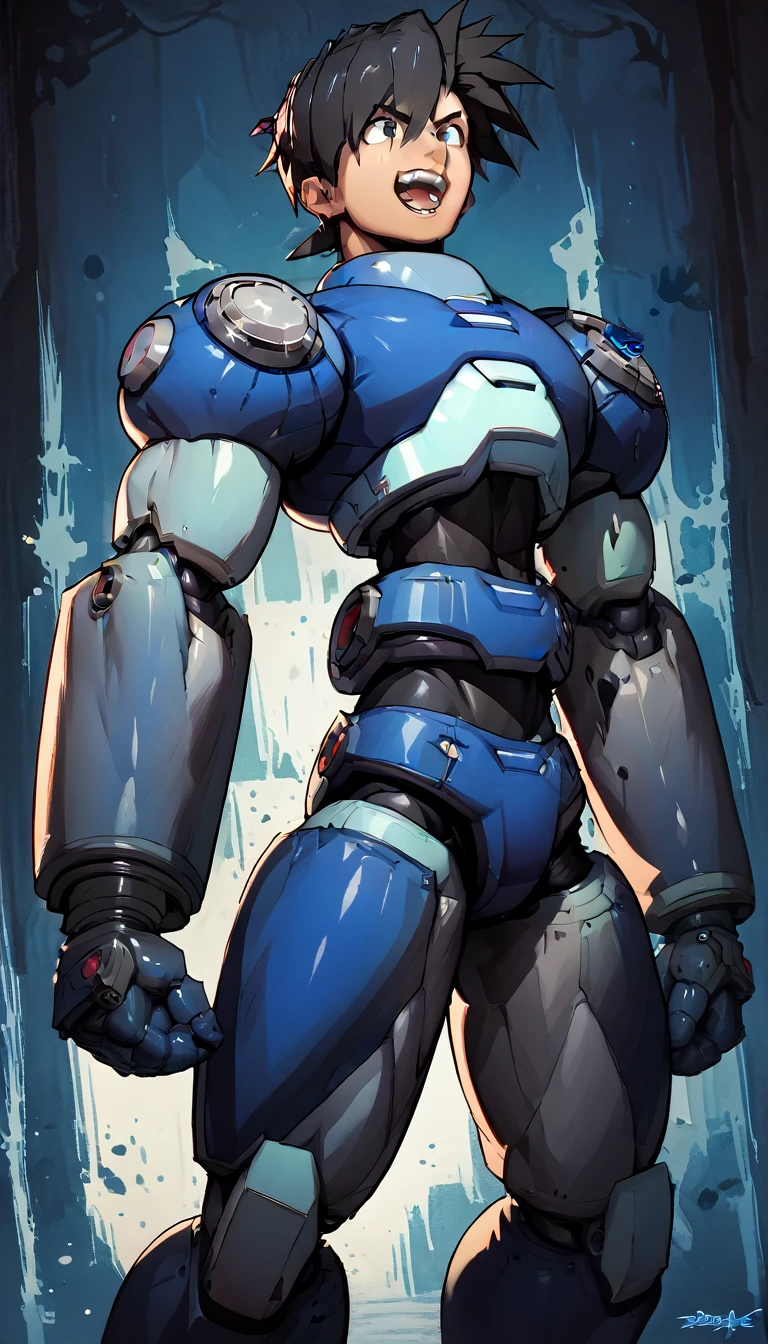 Shorts,Anatomically correct, (((8k resolution))),Bodybuilder-like muscles,Black shirt,Huge muscles,A roar of strength,cyborg,m3g4m4n,Blue Armor,Black Hair,