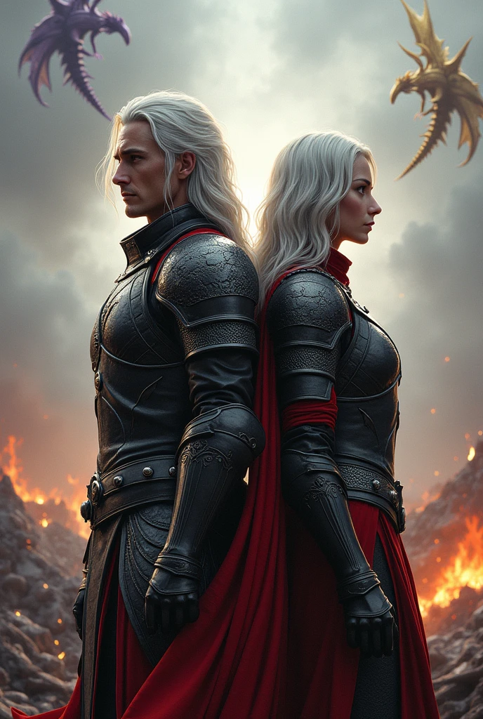 Evil Couple, after fight, blood everywhere, Tired, Ripped clothes, damaged armor, Evil, glowing red eyes, Smirk, in the battlefield, Arab features, scar on eyes, Messed up hair, a Targaryen and a Lannister