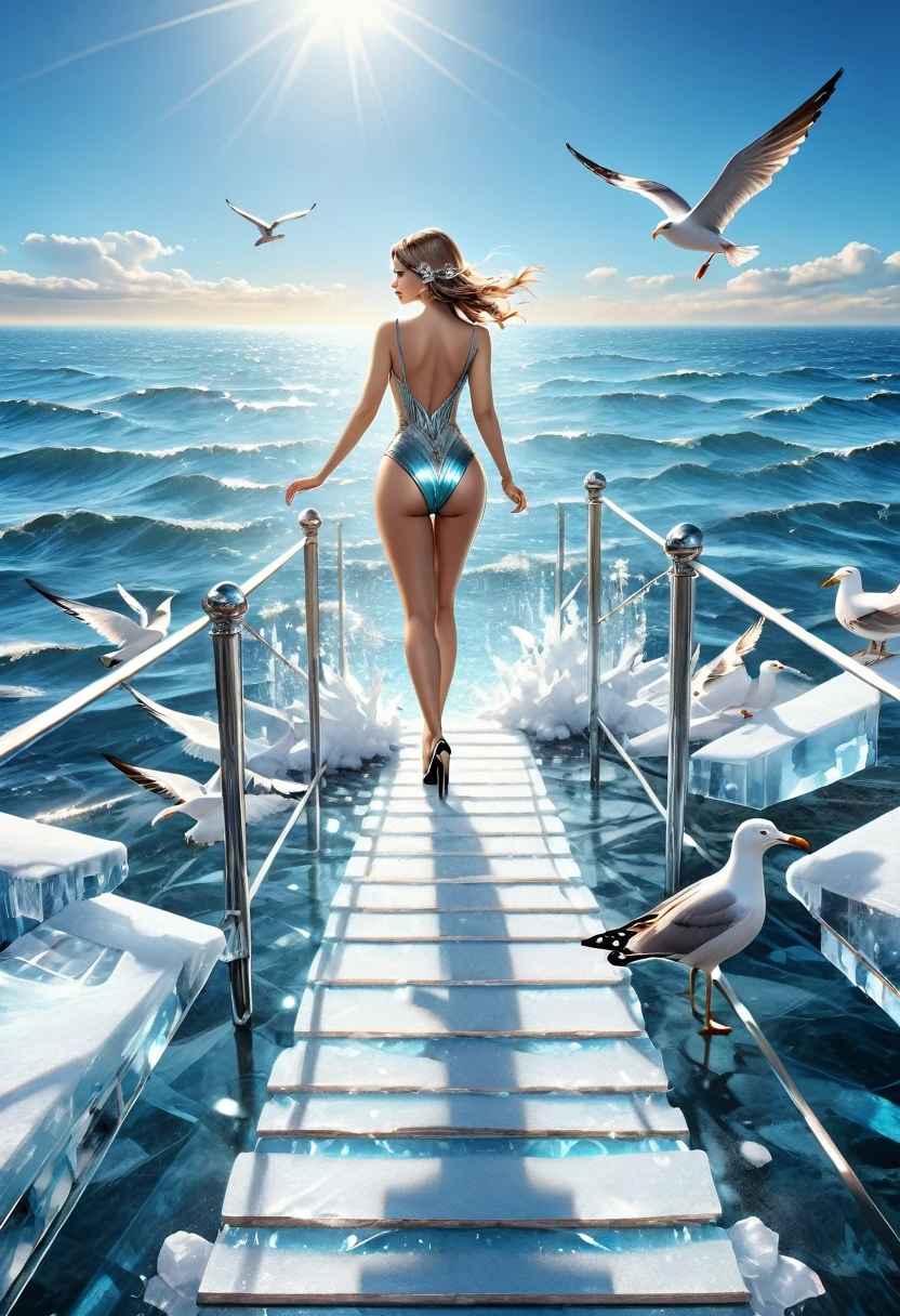 a pier made from ice leading into the sea there is a young woman in a bathing suit and high heels drinking cocktail, calm sea background, seagulls flying,  sunny day, sun rays,  Ultra-high resolution, High Contrast, (masterpiece:1.5), highest quality, Best aesthetics), 16K fantasy art, best details, best quality, highres, (ultra wide angle: 1.2), 16k, [ultra detailed], masterpiece, best quality, (extremely detailed), ais-icebaby, ais-artdeco