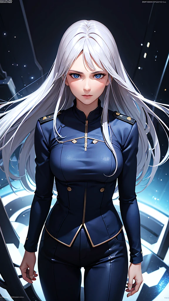 A detailed, highly realistic, photorealistic portrait of a kind, pure, blue-eyed silver-haired girl in a navy blue suit overlooking the abyss, 8k resolution, ultra-detailed, masterpiece, best quality, cinematic lighting, dramatic, sci-fi, digital art