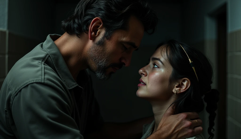 A man hugging a sandra bullock from behind in a dark room, it's night, both have their eyes closed, dramatic chiaroscuro lighting, moody atmosphere, cinematic, emotional, (best quality,4k,8k,highres,masterpiece:1.2),ultra-detailed,(realistic,photorealistic,photo-realistic:1.37),dramatic lighting,dramatic shadows,moody atmosphere,cinematic composition,emotional expression,closed,strong chiaroscuro,dramatic contrast,dramatic lighting,