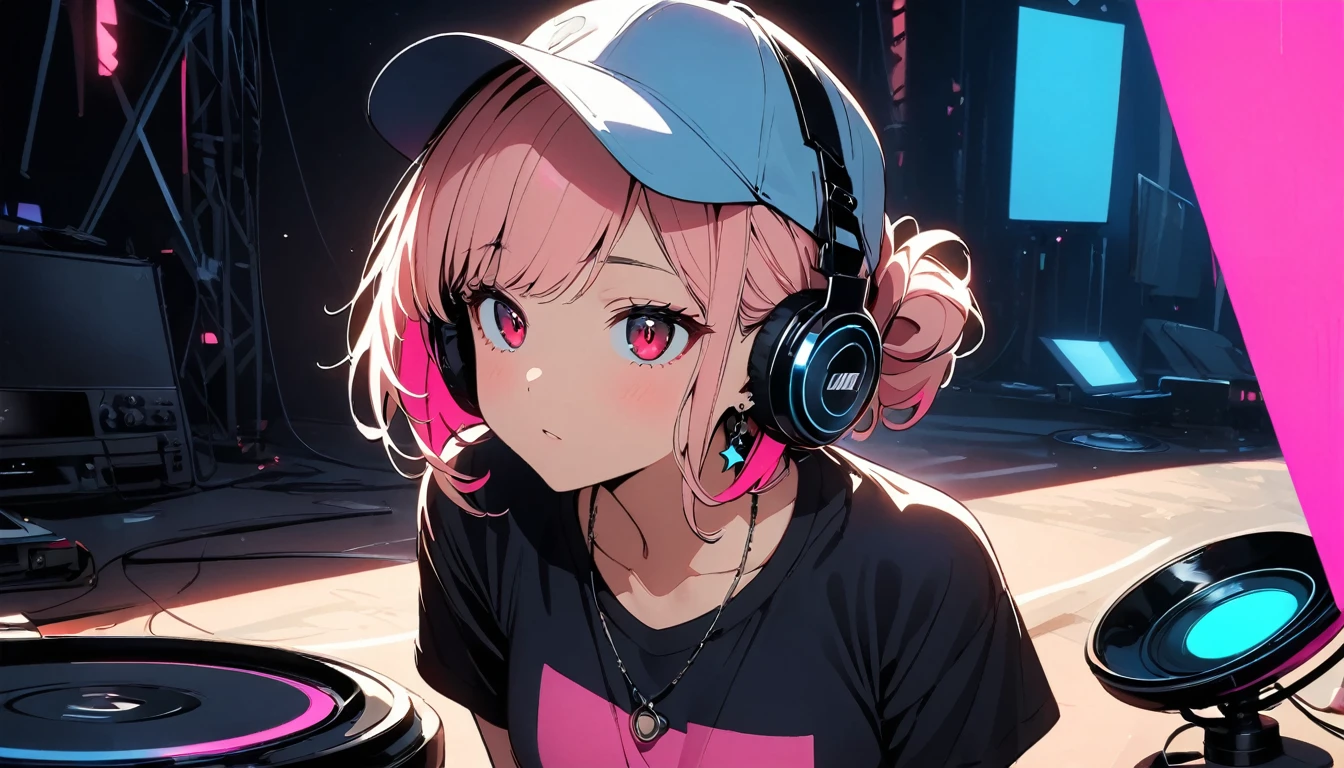 One Girl，A girl squatting alone and looking to the side，Wearing a pastel colored hoodie，Eye color is aurora，Different left and right eye colors，wearing high-end headphones，There are a lot of earphones too., music meter, Adjustment device, And the strings attached to clothes.，It has a lot of earphone jacks、Wearing robot-like clothes.，Playing electric guitar，Generated in anime style，