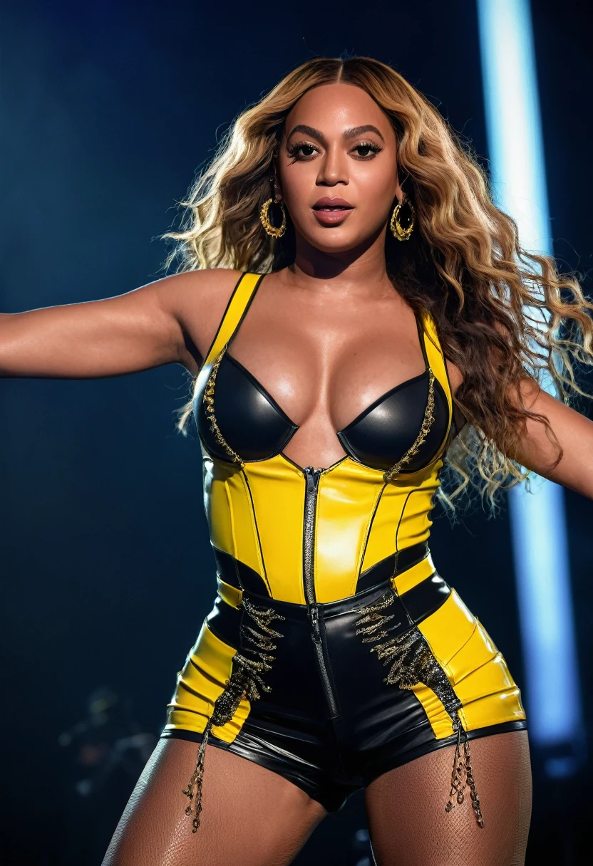 Beyonce wearing a black mermaid style dress with gold details on a black background