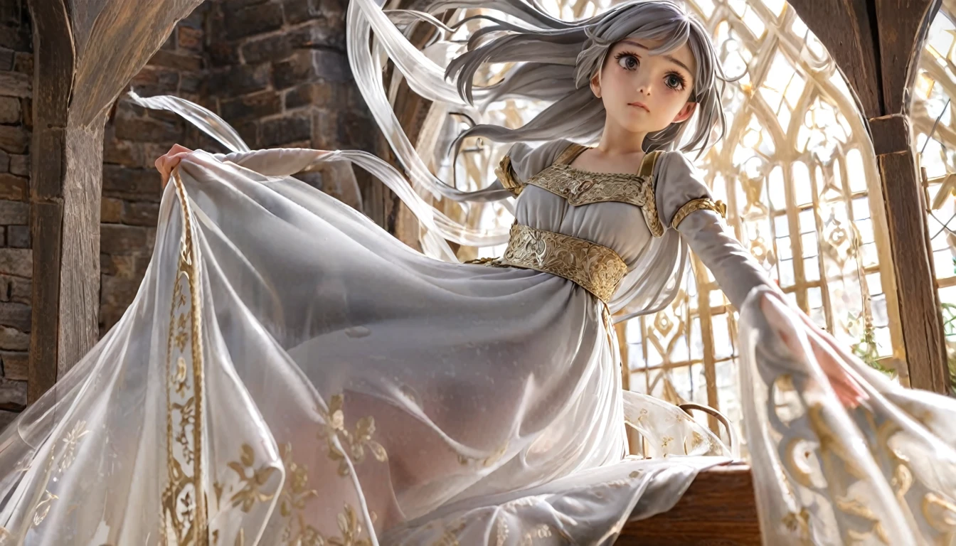 girl, Gold and silver embroidery, White-gray pearl medieval long dress（With panniers）, Translucent fabric, Pull up the dress by hand, Strong winds, Translucent slip, Grey translucent tights, Peeking from below, Highest quality, Disorder of clothing, sit