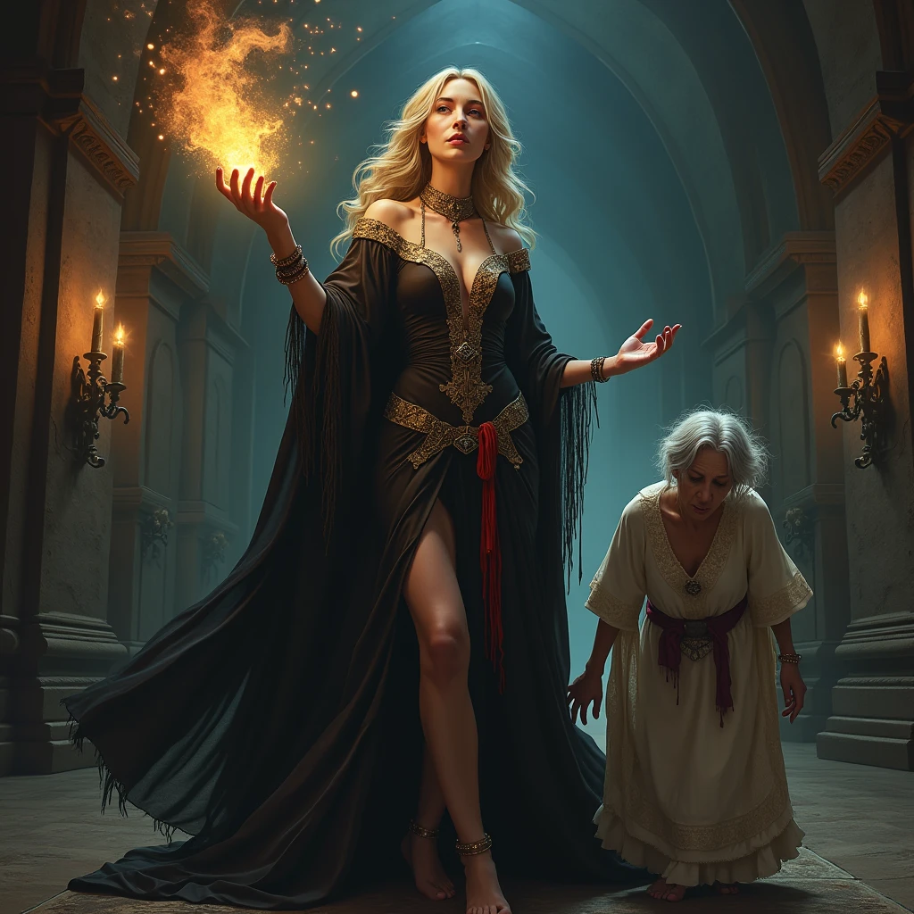 Goddess Hecate Goddess of magic, witchcraft, the night, moon, ghosts and necromancy fights against a blonde, screaming Christian woman falling to the ground holding a bloody meat.